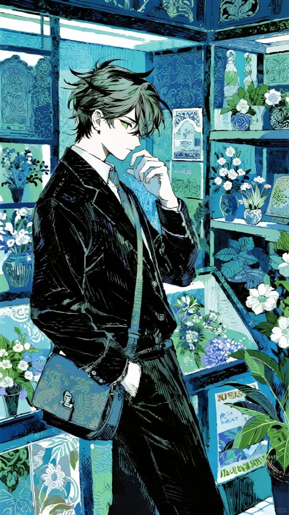 铜版画极繁插画 蓝绿调浮雕市集少年鲜花摊位 AI 提示词