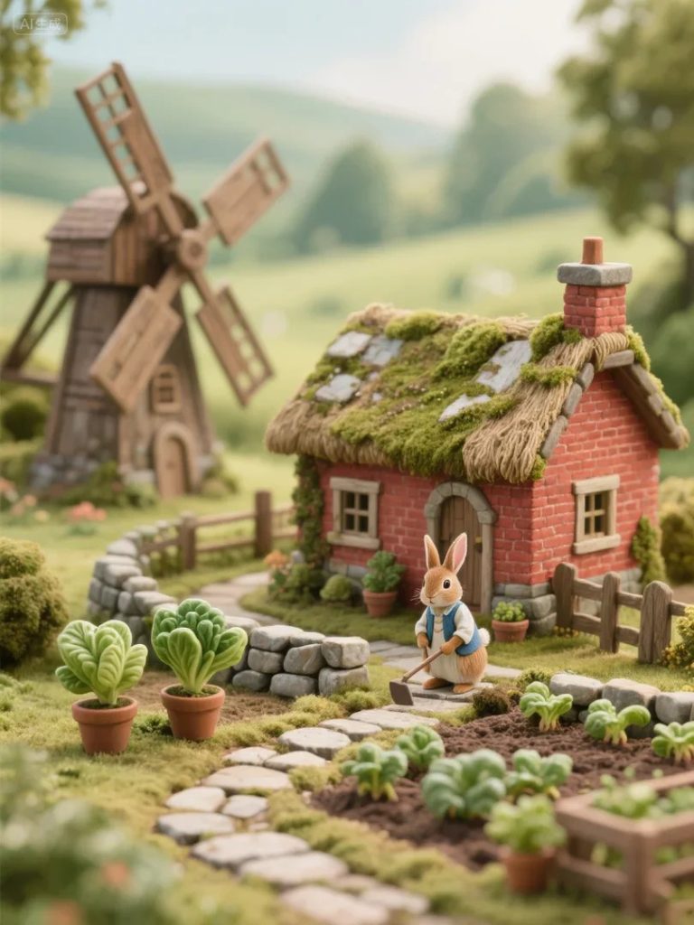 微缩童话绘本插画  田园木屋劳作彼得兔微距景观 AI 提示词