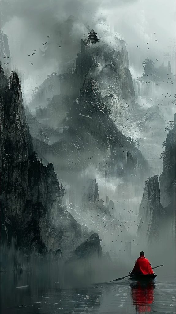 氛围喷绘插画提示词 红衣人泛舟山间古塔河畔 9:16 竖版 AI 咒语
