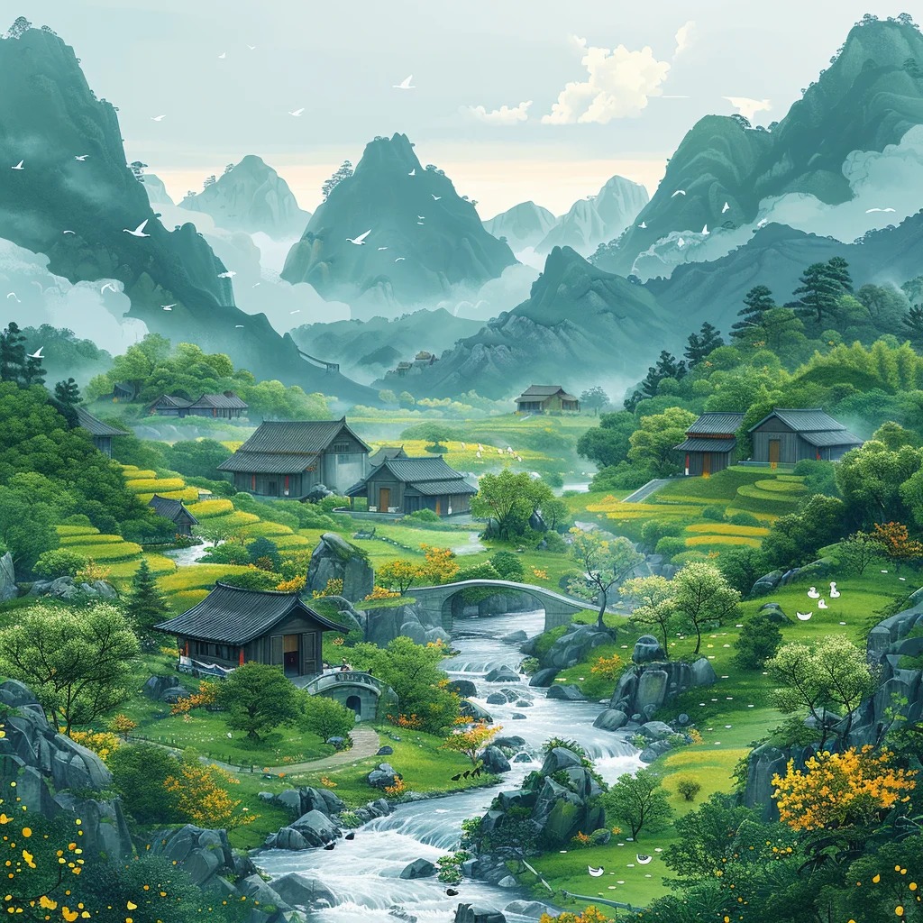 国风插画提示词 青山稻田小桥流水乡村风景 9:16 竖版 AI 咒语