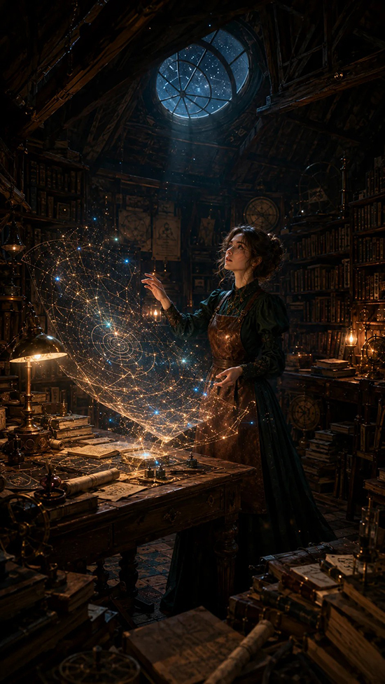 奇幻原画提示词 百年书店阁楼星图修复师 9:16 竖版 AI 咒语