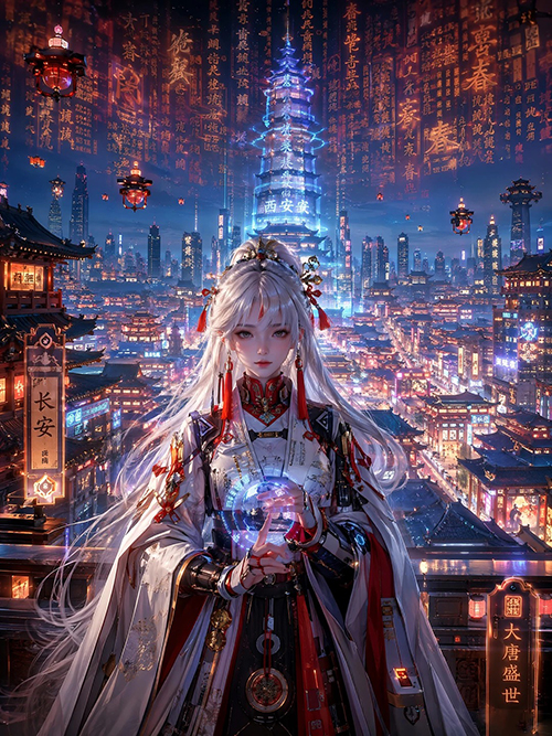 场景插画提示词 未来唐风机能少女 赛博西安古城 AI 绘画咒语