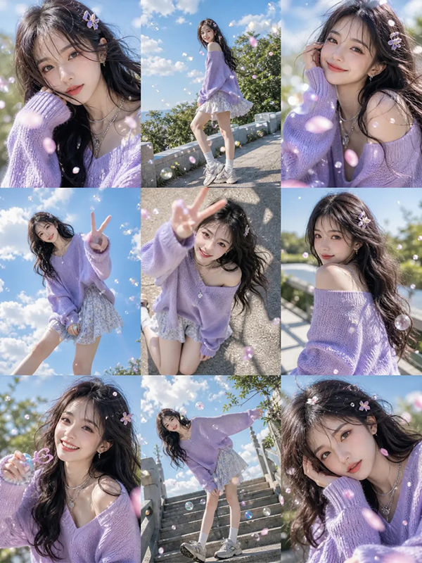 中国年轻女性夏日3×3拼贴人像AI绘画提示词 – 韩系杂志风模板