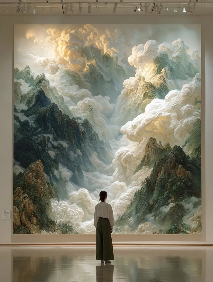 二次元女孩与巨幅中国山水画AI绘画提示词 – 黑白水墨现代极简模板