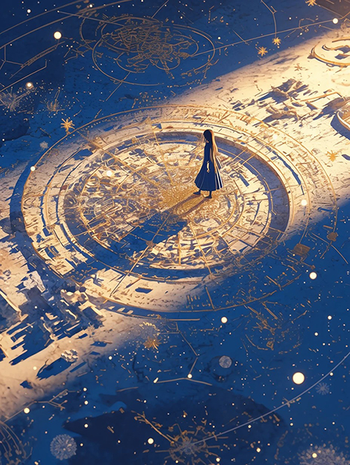 俯视视角女孩行走在星空金线螺旋奇幻世界中的极简彩铅插画AI绘画效果图,蓝色系顶部留白,神秘梦幻世界地图