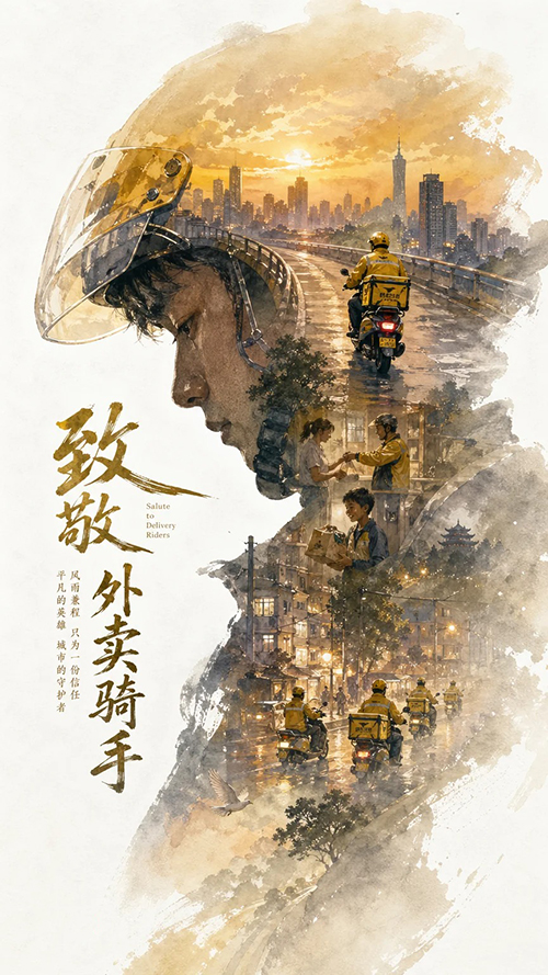 致敬外卖骑手史诗叙事海报AI绘画提示词 – 剪影轮廓填充模板