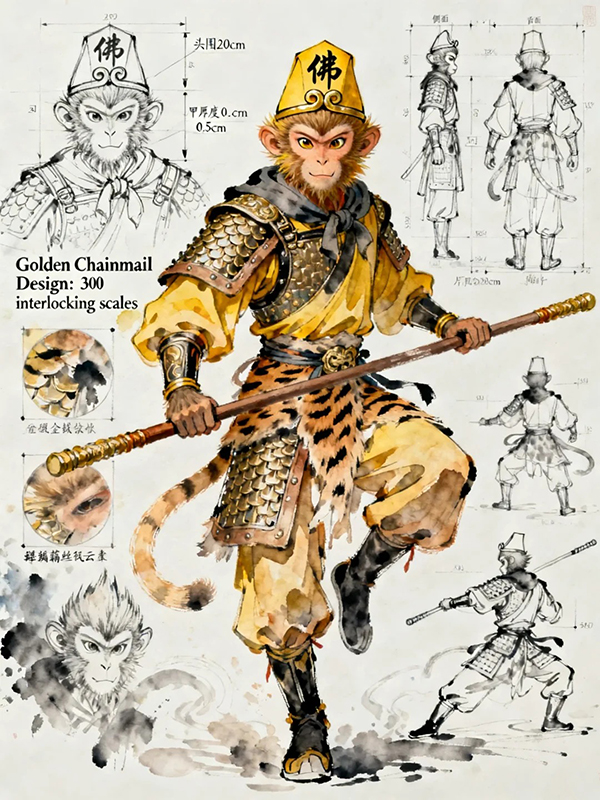 孙悟空国风玄幻人设设计草图AI绘画效果图,白色背景多角度缩略图英文注释,水彩融合水墨,锁子黄金甲虎皮裙金箍棒,超细节CG艺术