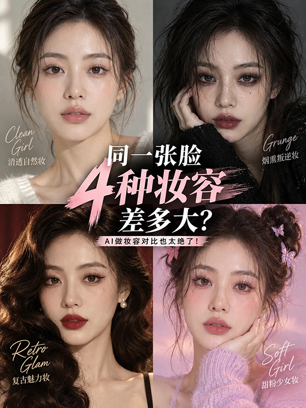 四种妆容风格AI绘画对比指南 – Clean Girl/Grunge/Retro Glam/Soft Girl模板