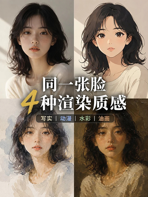 同一人物换渲染方式AI绘画质感对比指南,写实摄影赛璐璐动漫水彩古典油画四种风格对比