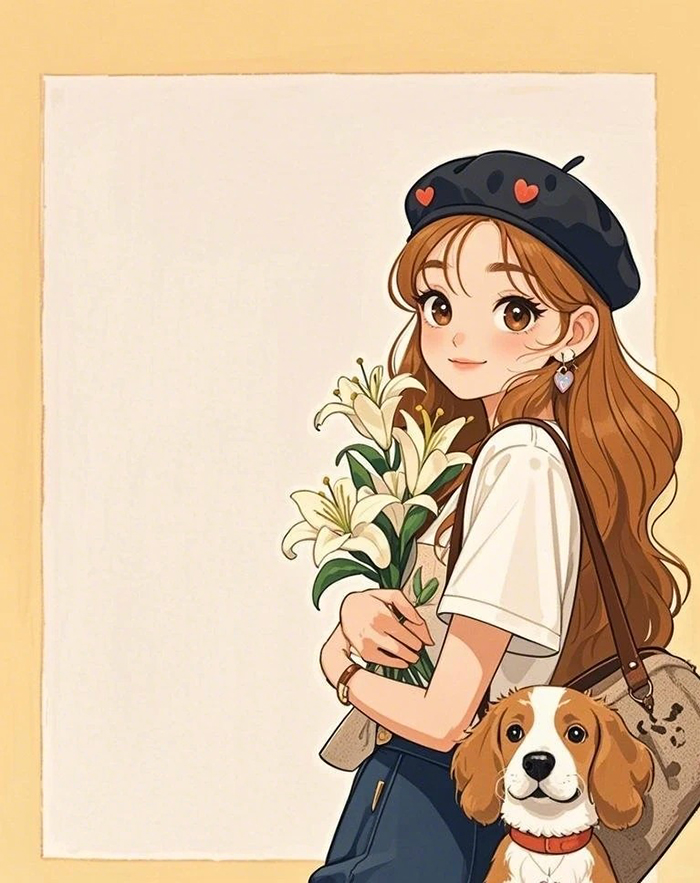 右下角小小插画治愈女孩与狗AI绘画提示词 – 极简大面积留白模板