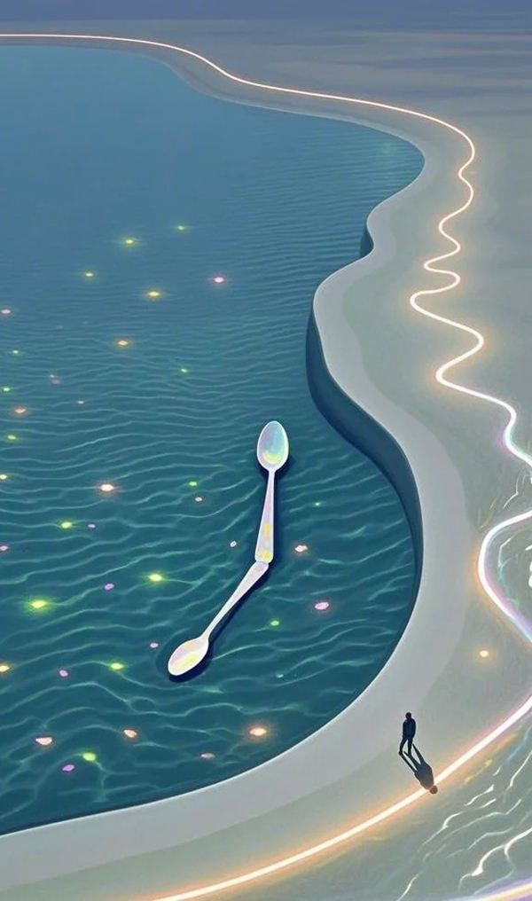 极简超现实盐湖行走人物插画AI绘画提示词 – 荧光曲线俯视艺术模板