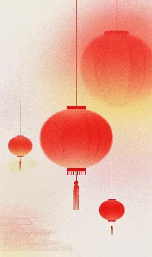 红灯笼极简渐变弥散海报AI绘画提示词 – 时尚矢量设计模板