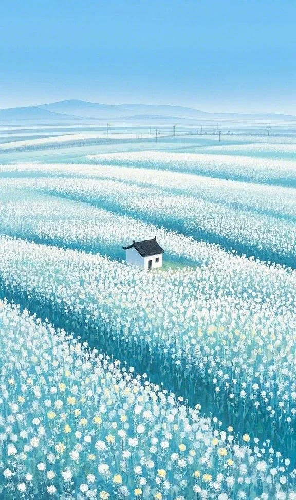 极简水墨油菜花梯田AI绘画提示词 – 东方意境留白艺术模板