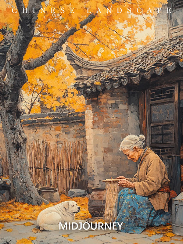 唐代田园老妇织布插画AI绘画提示词 – 秋日牧歌风格艺术模板