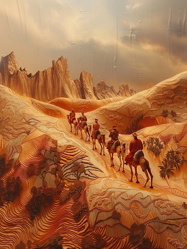 缎锦中国风景沙漠骆驼史诗广角超写实概念艺术AI绘画效果图