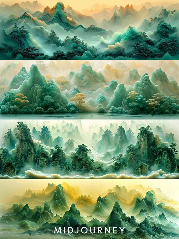 概念雕塑风山景插画AI绘画提示词 – 中国元素鸟瞰宽幅模板