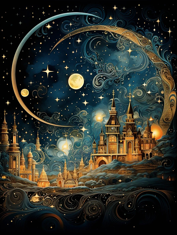 梦幻中国风星空月亮等距插画AI绘画提示词 – 浪漫城市景观模板