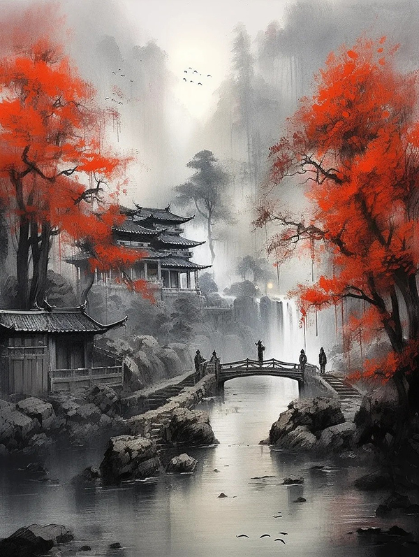 月光水墨国风山水插画AI绘画提示词 – 古桥渔船治愈风模板