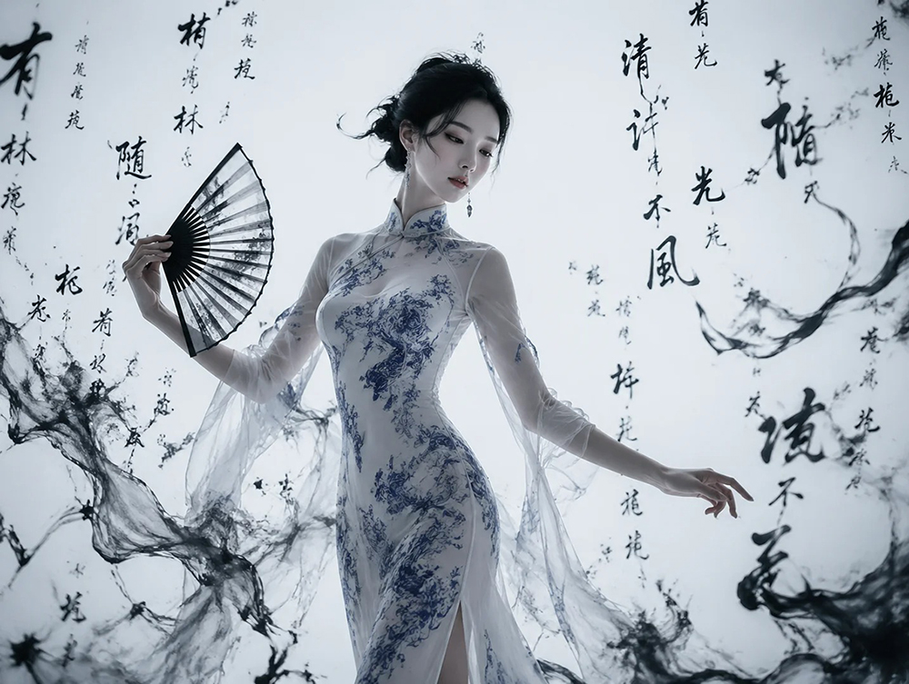 新中式青花旗袍书法墨迹人像AI绘画提示词 – 冷色调写实摄影模板