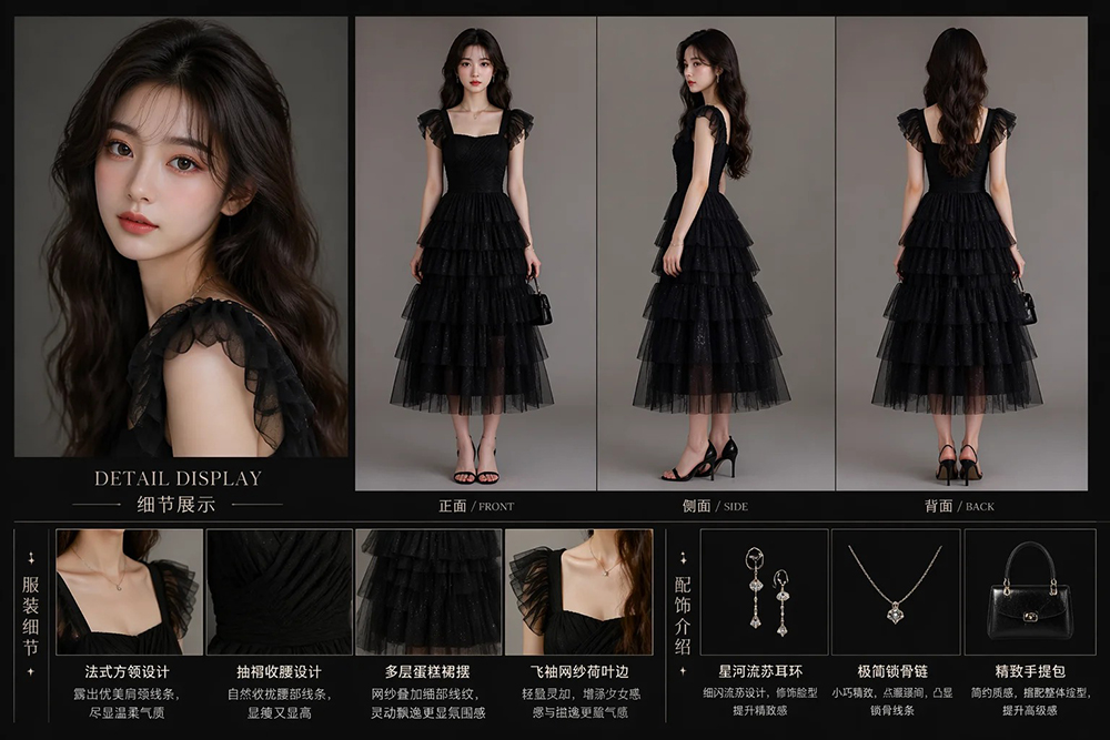 现代甜酷纯欲风角色三视图AI绘画提示词 – 真人写实短剧女主人设模板