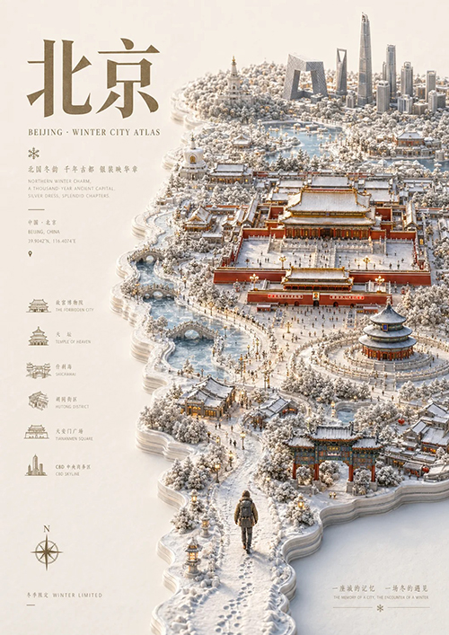 北京冬季城市图鉴3D微缩城市沙盘文旅海报AI绘画效果图