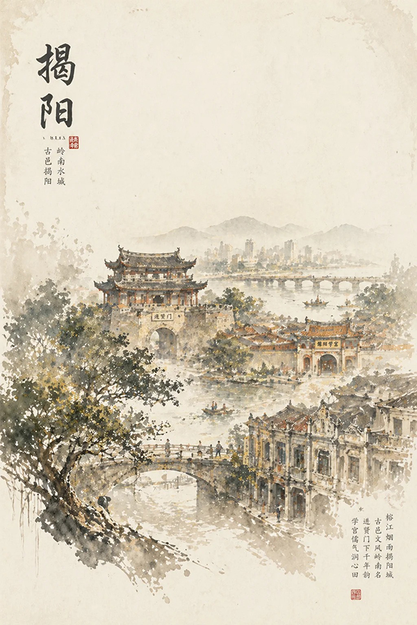 收藏级中国城市艺术海报AI绘画提示词 – 彩色水墨国风模板