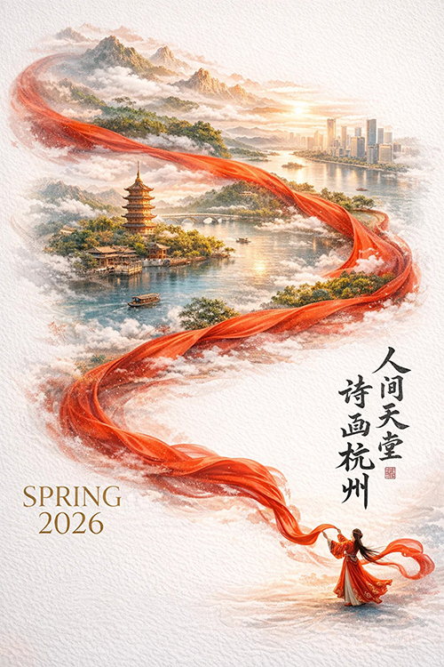 双重曝光杭州城市国潮海报AI绘画提示词 – 东方美学丝绸山河模板