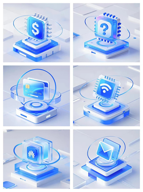 蓝色渐变芯片图标AI绘画提示词 – 3D渲染未来科技质感模板