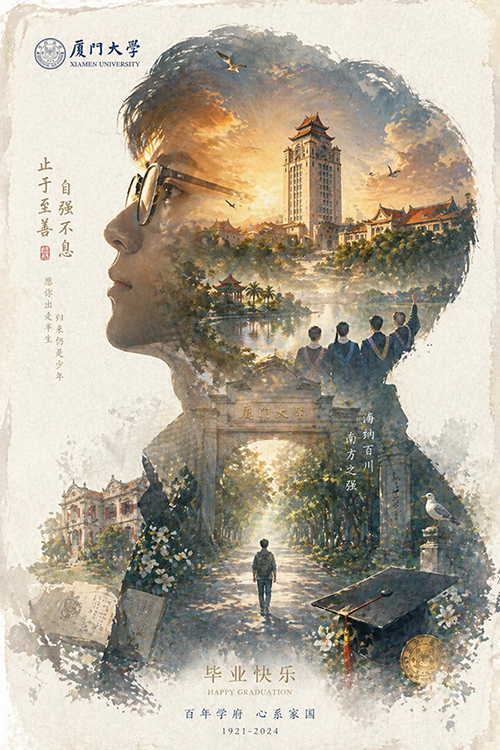 厦门大学收藏版史诗叙事海报AI绘画提示词 – 校园剪影双重曝光模板