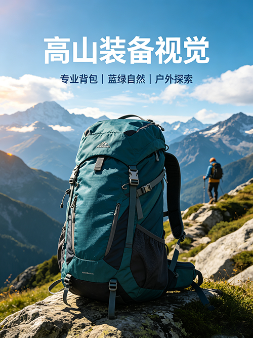 专业登山背包户外产品海报AI绘画提示词 – 自然风光商业摄影模板