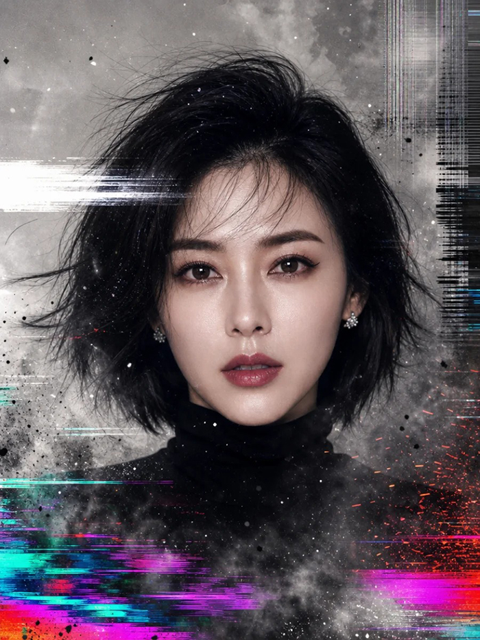 故障艺术赛博朋克东亚女性肖像AI绘画提示词 – 数字损坏高级写真模板