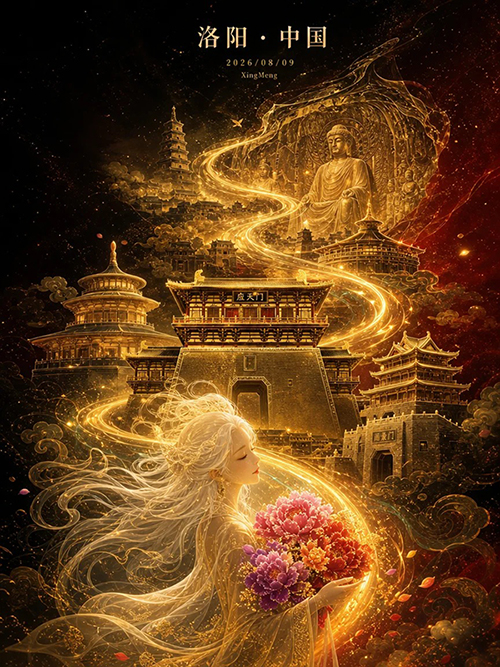 洛阳东方幻想城市海报AI绘画提示词 – 金色流光地标插画模板