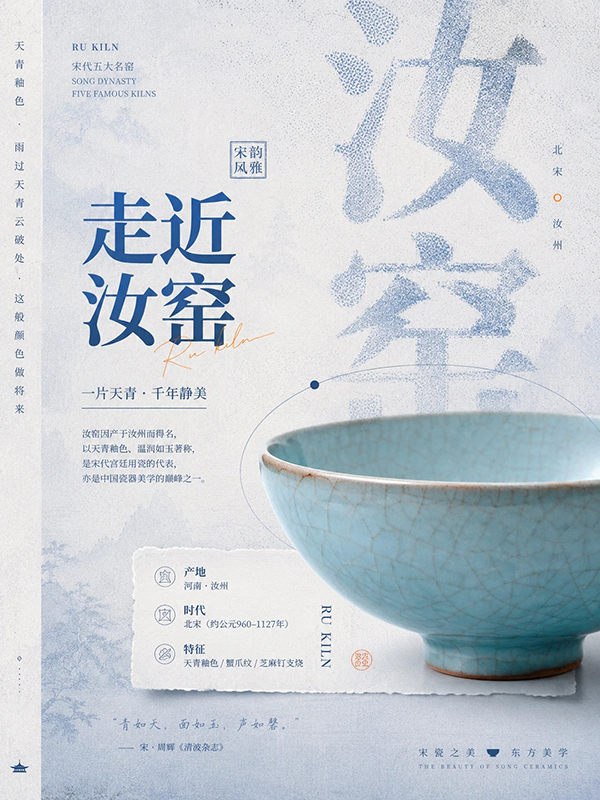 走近汝窑文化编辑海报AI绘画提示词 – 天青釉瓷器考据模板