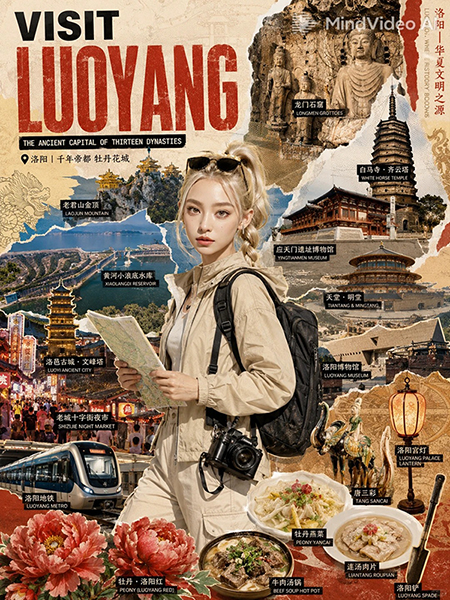 洛阳旅行海报拼贴画AI绘画