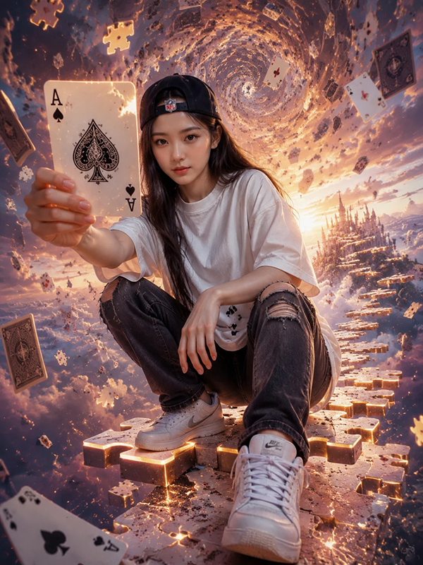 超写实奇幻扑克牌肖像AI绘画提示词 – 电影感云层魔法涡流模板