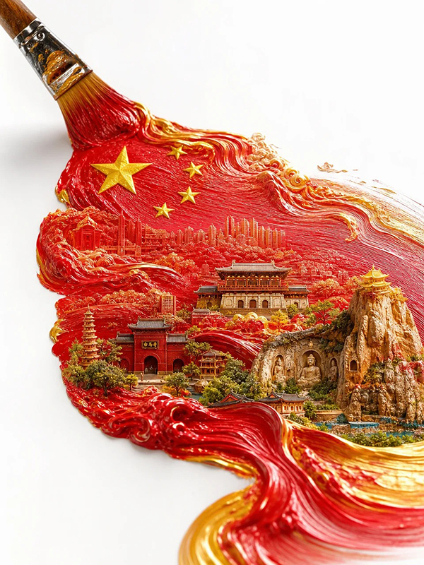 洛阳微缩城市AI绘画提示词 – 超写实国旗笔触艺术模板