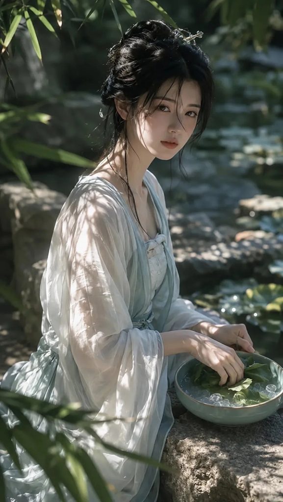 夏日竹林古风女性电影写真AI绘画提示词 – 东方美学写实人像模板
