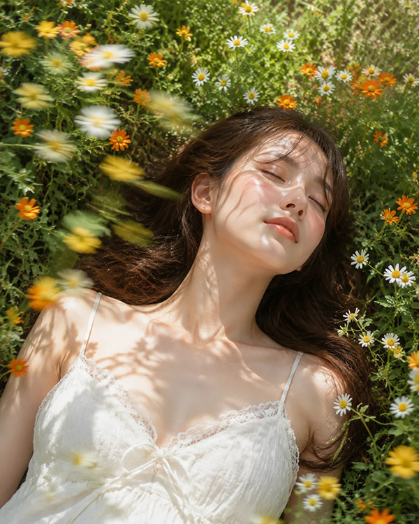 夏日草花田仰卧女性写实肖像AI绘画提示词 – 日系胶片摄影模板