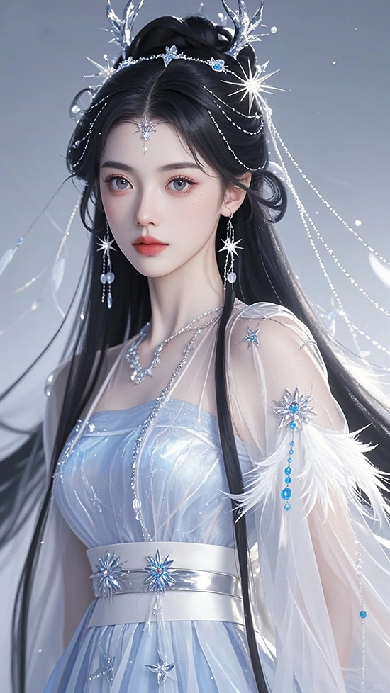 超写实仙侠美人梦幻古风CG AI绘画提示词 – 星芒头饰流光纱裙模板