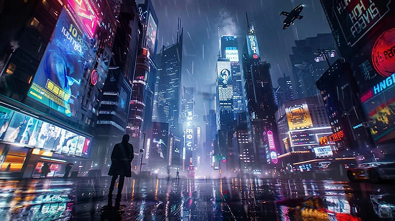 赛博朋克雨夜都市低角度仰视AI绘画提示词 – 宏大尺度科幻概念模板