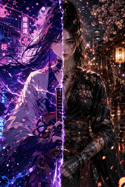 半动漫半写实融合角色AI绘画提示词 – 双重风格角色设计模板
