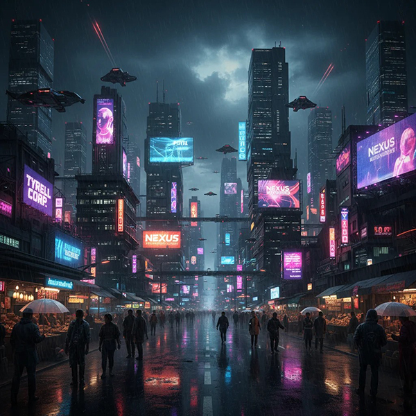 赛博朋克雨夜城市景观AI绘画提示词 – 经典科幻概念设计模板