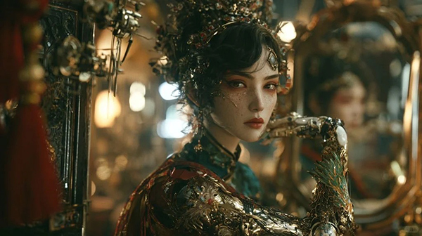 中式赛博江湖女戏师AI绘画提示词 – 电影级CG场景模板