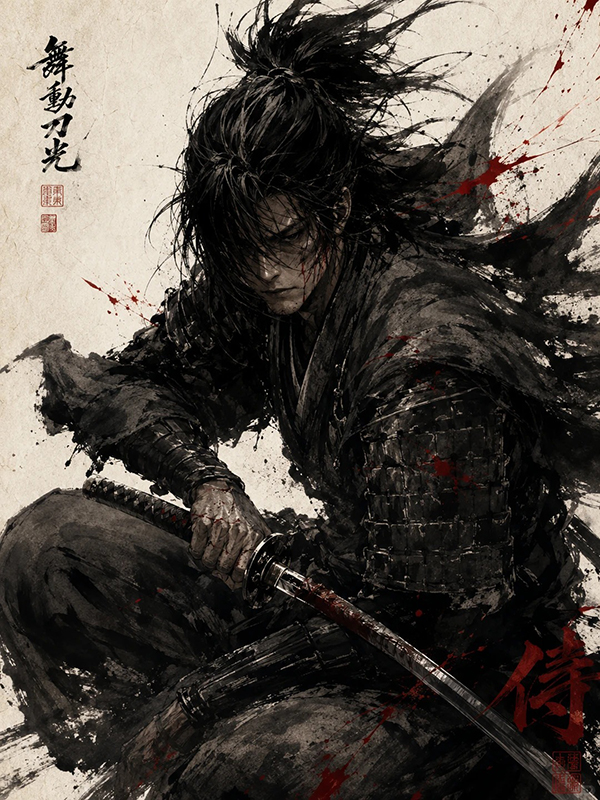 水墨武士战斗海报AI绘画提示词 – 苏美绘风格漫画概念模板