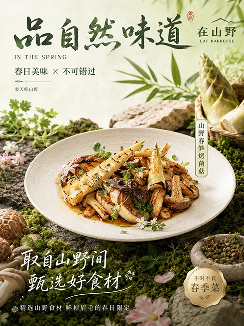 春日山野餐饮海报AI绘画提示词 – 新中式菜品宣传模板