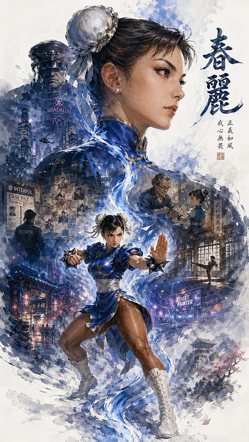双重曝光角色海报AI绘画提示词 – 东方水墨剪影叙事模板