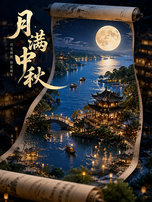 中秋金色画卷海报AI绘画提示词