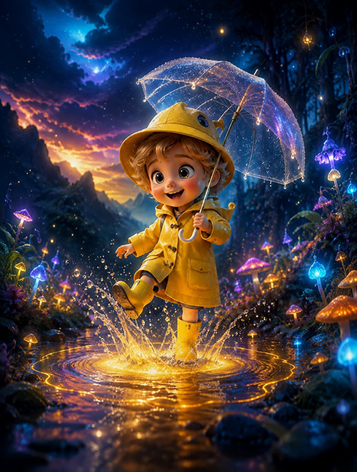 3D潮玩金发小男孩奇幻森林AI绘画提示词 – 电影感玩具设计模板