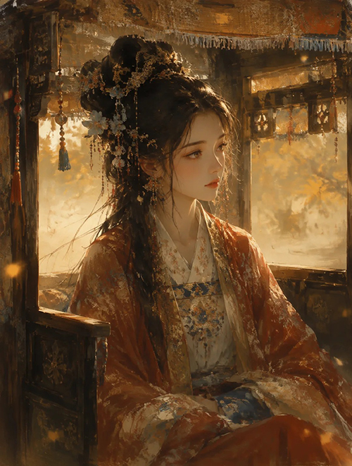 古装少女轿中厚涂插画AI绘画提示词 – 秋日治愈系水粉人像模板