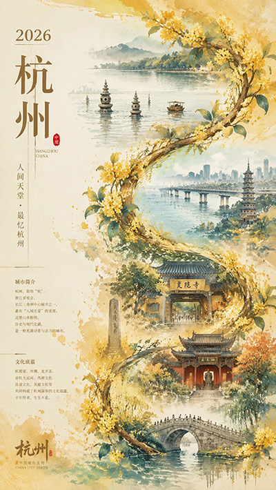 2026杭州/南京城市宣传海报国潮水彩地标AI绘画效果图